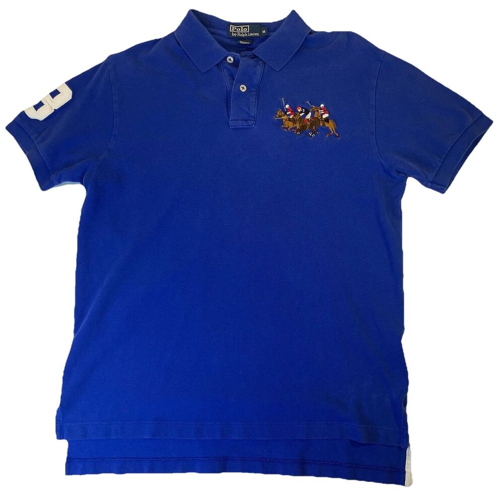 Polo Ralph Lauren Mens Medium Blue Short Sleeve Shirt 3 Triple Horse Logo